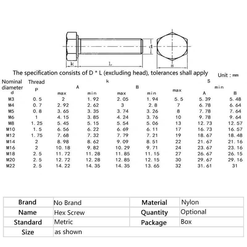O plástico do parafuso da máquina do hexágono do parafuso de náilon m10 m12 encanta os parafusos métricos principais comprimento branco 15mm-50mm