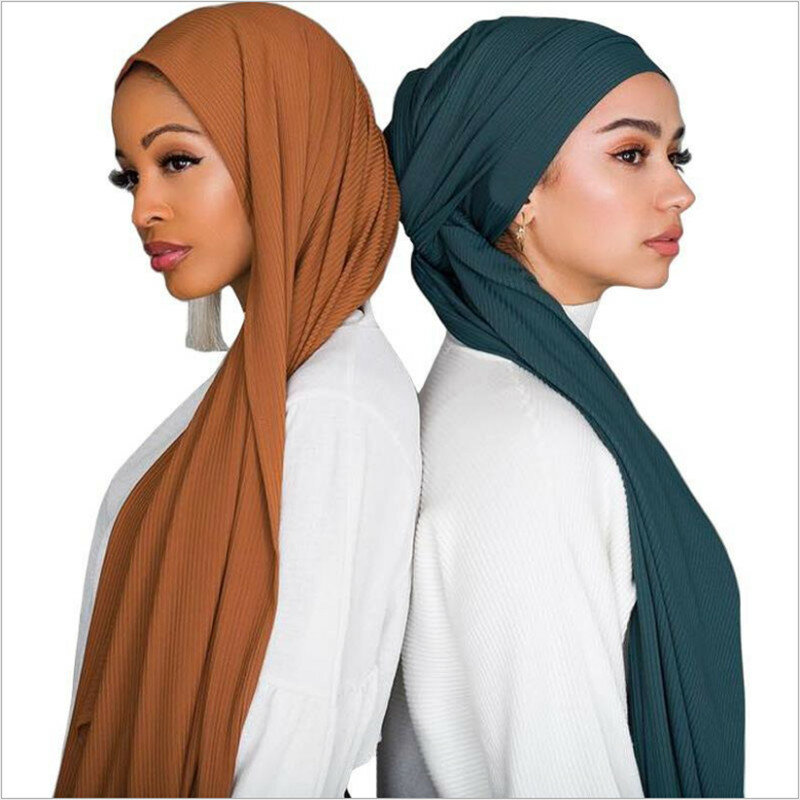 Mulheres muçulmanas pérola chiffon cor sólida rugas hijab cachecol lslamic rússia cachecóis longos bandana xale para senhora