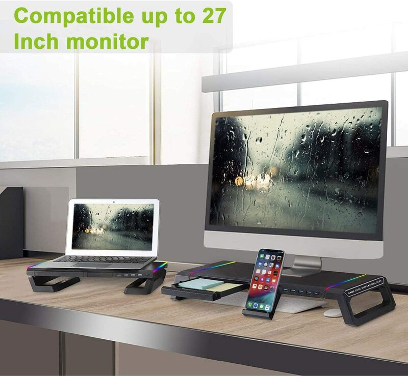 Monitor Stand Riser Foldable, RGB Computer Monitor Riser with 4Pcs USB Port, Foldable Monitor Stand with Drawer Storage