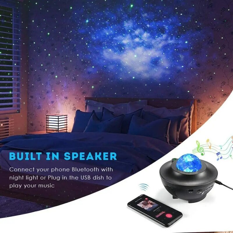 Lámpara LED con USB para dormitorio de niños, proyector de estrellas y olas oceánicas Con altavoz incorporado, Bluetooth, regalos de navidad