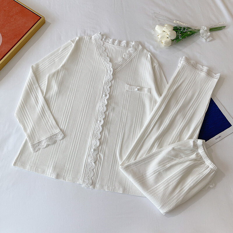 Pijamas de algodón para mujer, cárdigan de manga larga de encaje blanco, estilo coreano, ropa de casa, verano e invierno