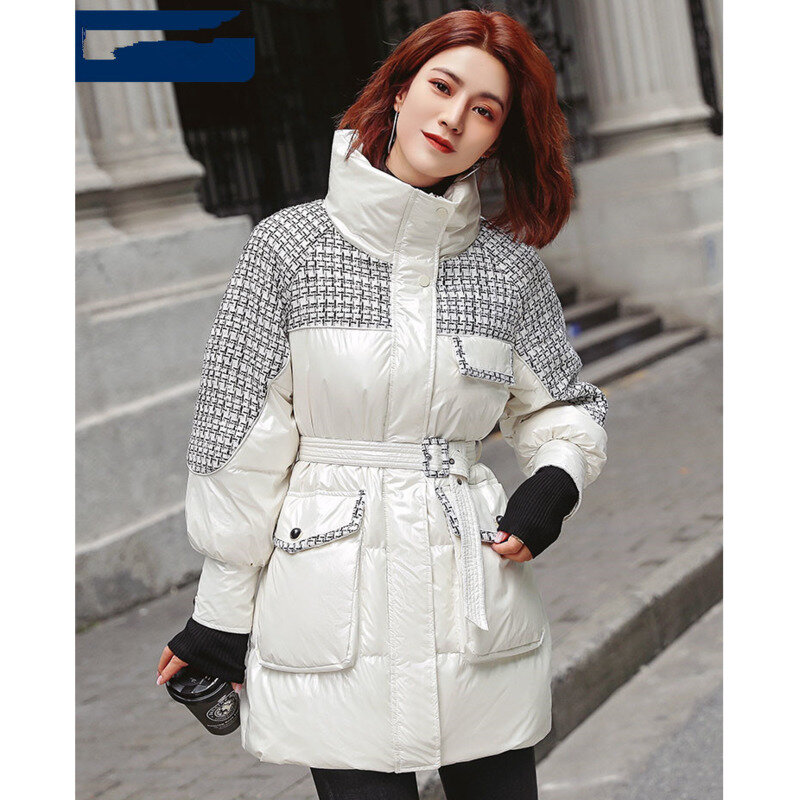 Jaket Panjang Menengah Wanita Ukuran Plus Mantel Jahit Mode 90% Jaket Bulu Angsa Putih Blus Wanita dengan Sabuk Pakaian Luar Salju