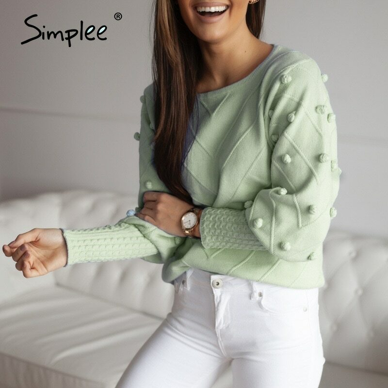 Simplee suéter pompom de pele elegante, pulôver verde outono inverno manga lanterna suéter de malha feminino moda de rua 2020