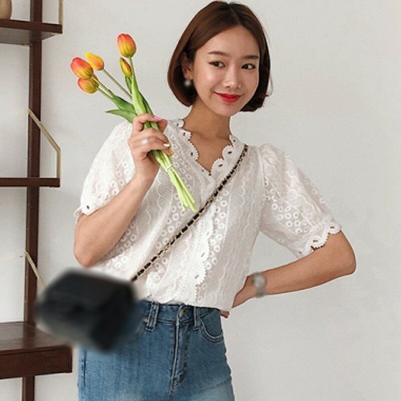 OL StyleSummer Ladies Fashion Wild Hollow Out Lace Shirt  White Shirt Simple Casual V-Neck Short Sleeve Blouse