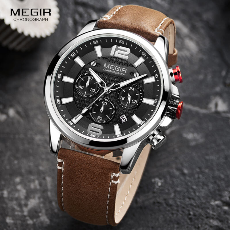 MEGIR-reloj deportivo de lujo para hombres, cronógrafo de cuarzo, de pulsera, de cuero, a la moda, 2156