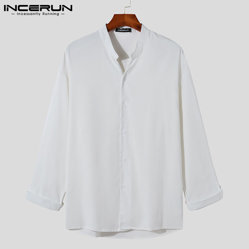 INCERUN 탑 2021 패션 캐주얼 스타일 남성 솔리드 블라우스 긴 소매 단추 위로 모든 경기 간단한 편안한 정장 셔츠 S-5XL