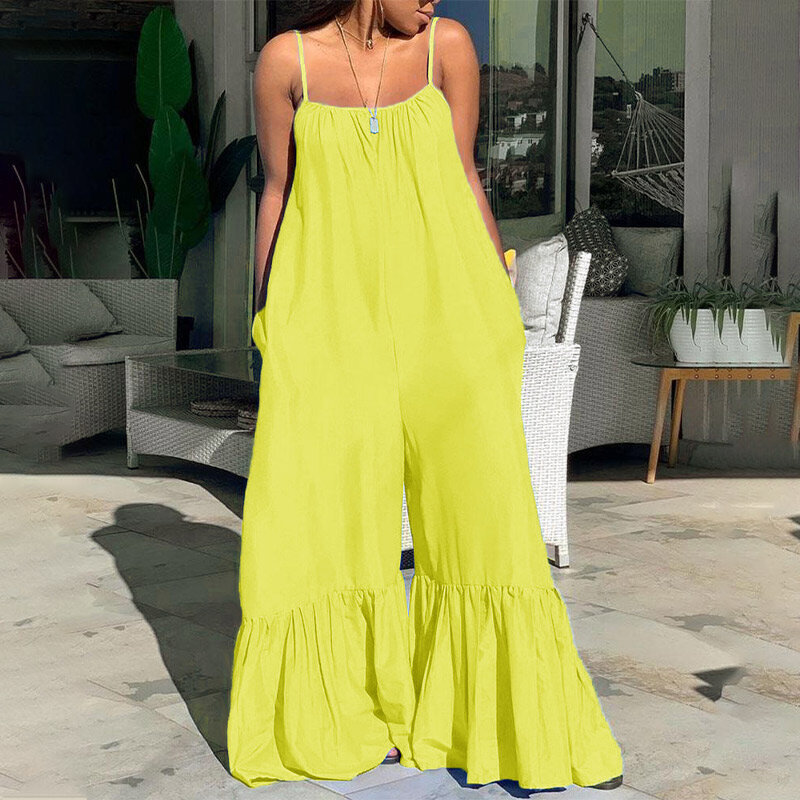 Solid Spaghetti Strap Flares Jumpsuit Women Pullover Backless High Waist Flared Pants Female 2021 Summer Lady Streetwear Pant