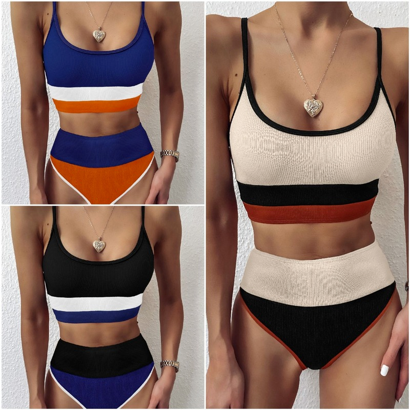 Baju Renang Push Up Pakaian Renang Wanita Tambal Sulam untuk Wanita Baju Mandi Set Bikini Pinggang Tinggi Pakaian Olahraga Baju Renang Bikini Seksi