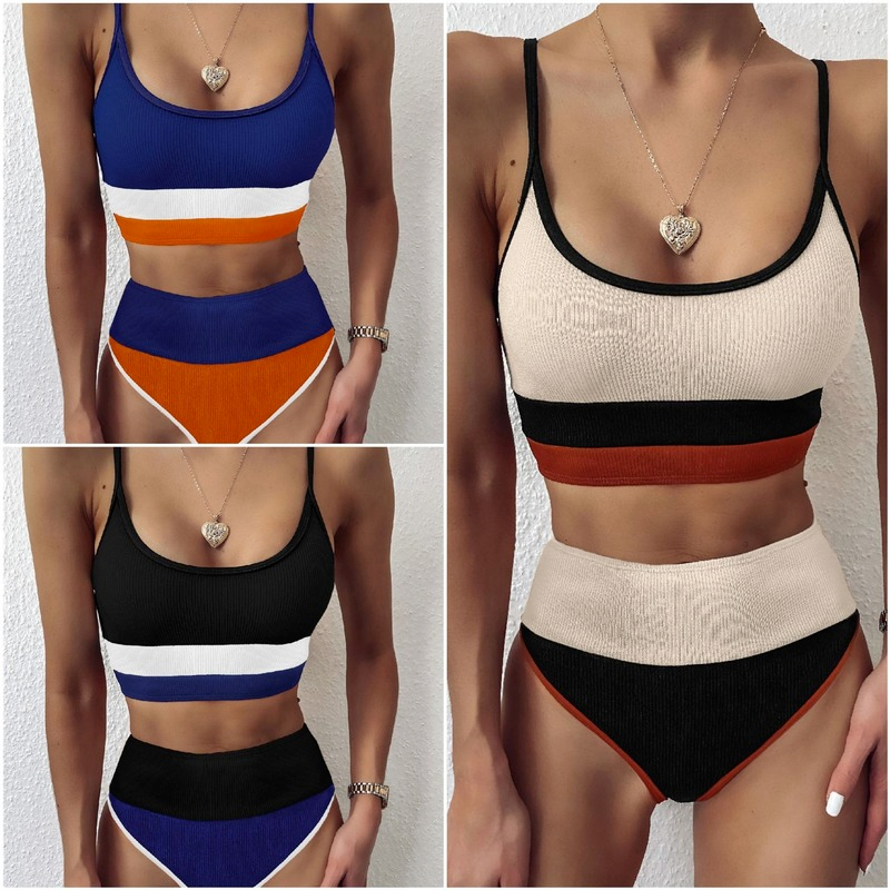 Bañador Push Up para mujer, traje de baño de retazos para mujer, conjunto de Bikini de cintura alta, ropa deportiva, Bikini Sexy