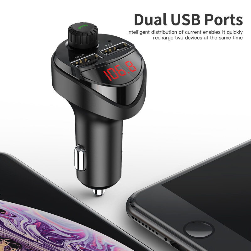 KUULAA-Cargador de móvil con Bluetooth para coche, kit de cargador de teléfono USB dual 3,4 A con reproductor MP3, transmisor FM, para Xiaomi Mi