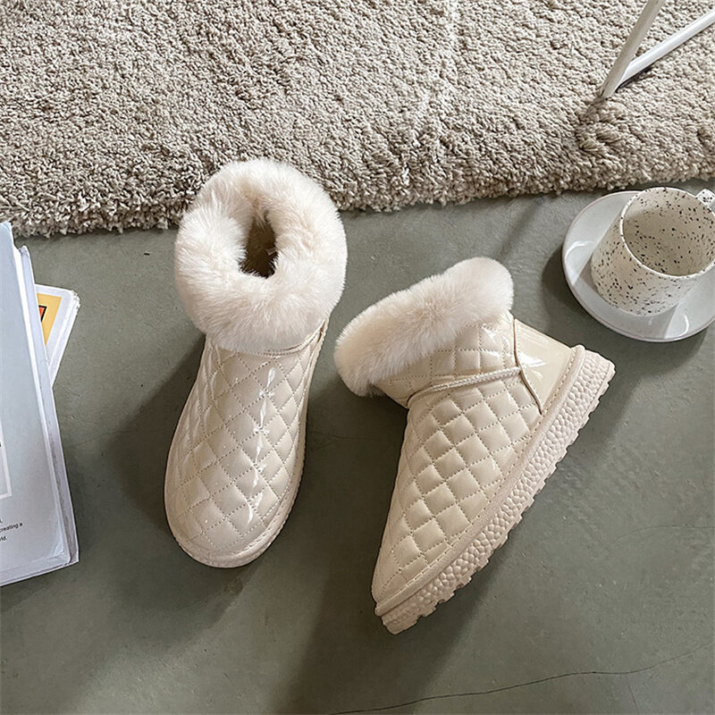 Bota de neve sólida branca para mulher tornozelo rasa algodão sapatos de pelúcia inverno manter quente bota para mulher 2021 listrado botas xadrez