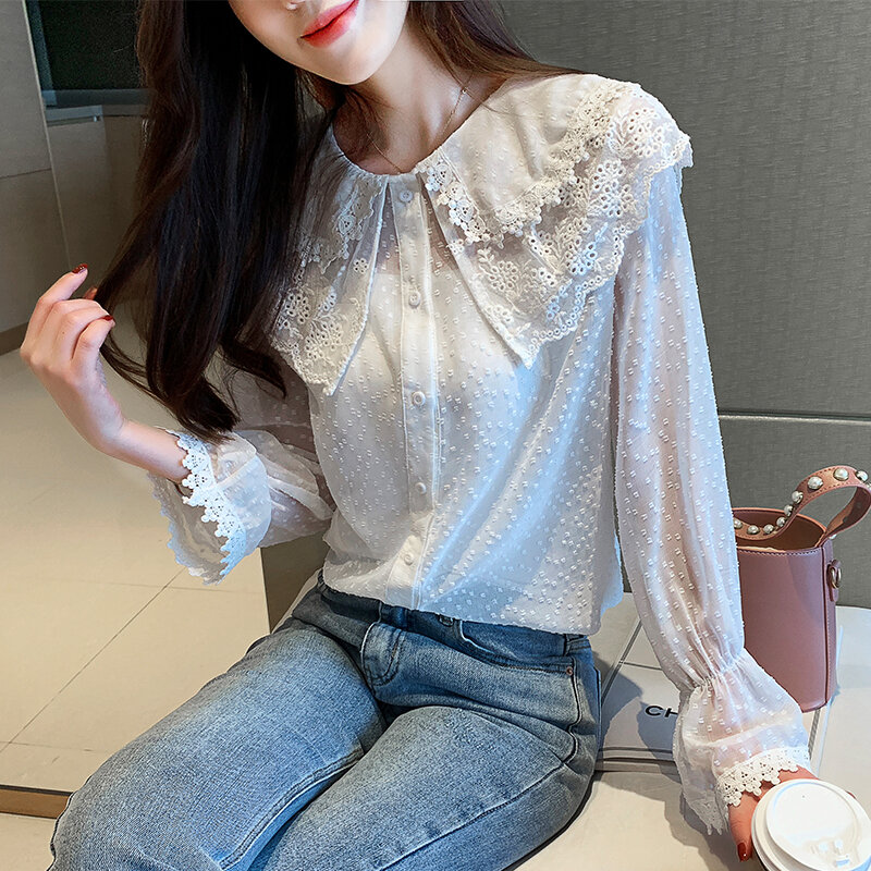 Roupa feminina plissada coreana primavera 2021, camisa feminina renda lapela ponto flutuante chiffon manga comprida folgada 679g