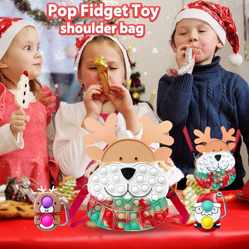 팝 지갑, 팝 숄더 백 Fidget Toys for Kids, 실리콘 크리스마스 사슴 Fidget 지갑 도움 어린이 성인 자폐증 및 ADHD