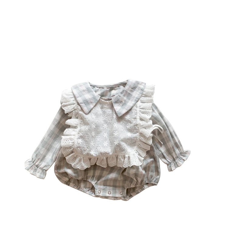Yg Brand Children's Wear, 2021 Spring Baby One-piece, Lattice Baby Girl's Khaki, Thin Long Sleeve Baby Two-piece Triangle Climbi