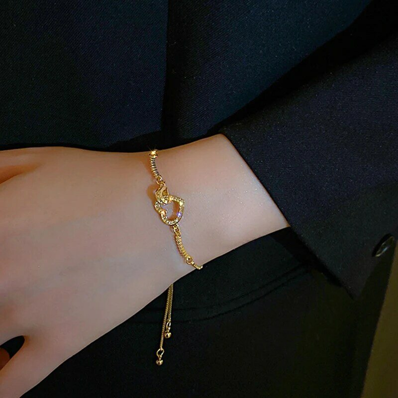 Desain Trendi 14K Emas Asli Berbentuk Hati Gelang Kristal untuk Wanita Mode Korea Perhiasan Pesona Mengkilap AAA Zirkon Pesta Pernikahan