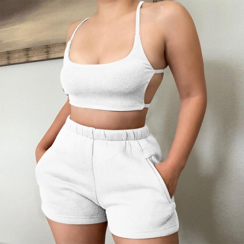 Solid Casual Tweedelige Sets Vrouwen Backless Mouwloze Top En Side Pockets Shorts Bijpassende Set Zomer Athleisure Outfits