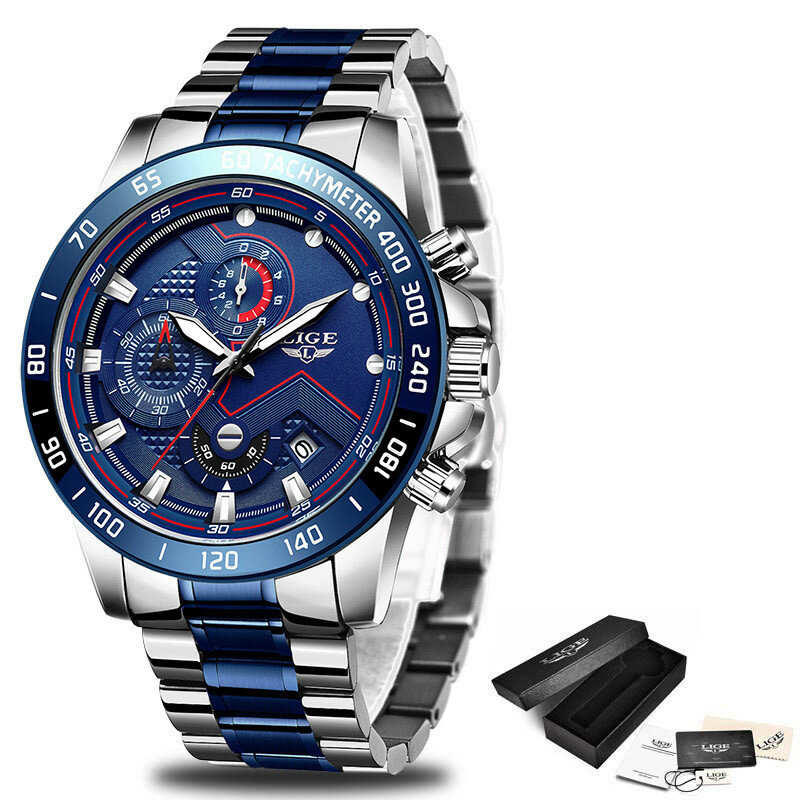 Relogio Masculino LIGE męskie zegarki z chronografem ze stali nierdzewnej wodoodporny zegarek quartz z datą mężczyźni biznes klasyczny mężczyzna zegar + box