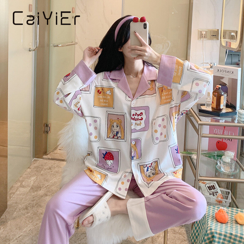 CAIYIER – ensemble pyjama en coton pour filles, vêtements de nuit, manches longues, décontracté, dessin animé, loisirs, pour femmes, automne-hiver, M-2XL