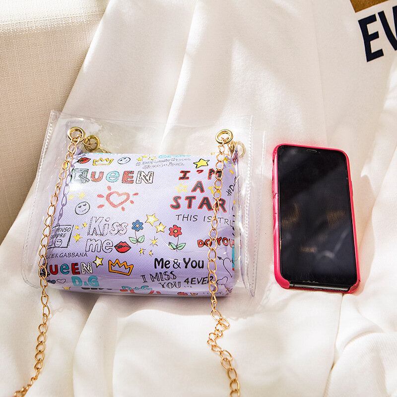 여성용 숄더 백 젤리 귀여운 학생용 새로운 한국어 버전 크로스 바디 지갑, 투명 메신저 지갑 가방 체인 투명 PU