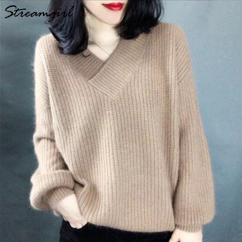 Tebal Sweater untuk Musim Dingin Hangat Khaki Kebesaran Pullover Wanita Sweater dan Pullovers Putih V Leher Sweater Jatuh Tebal