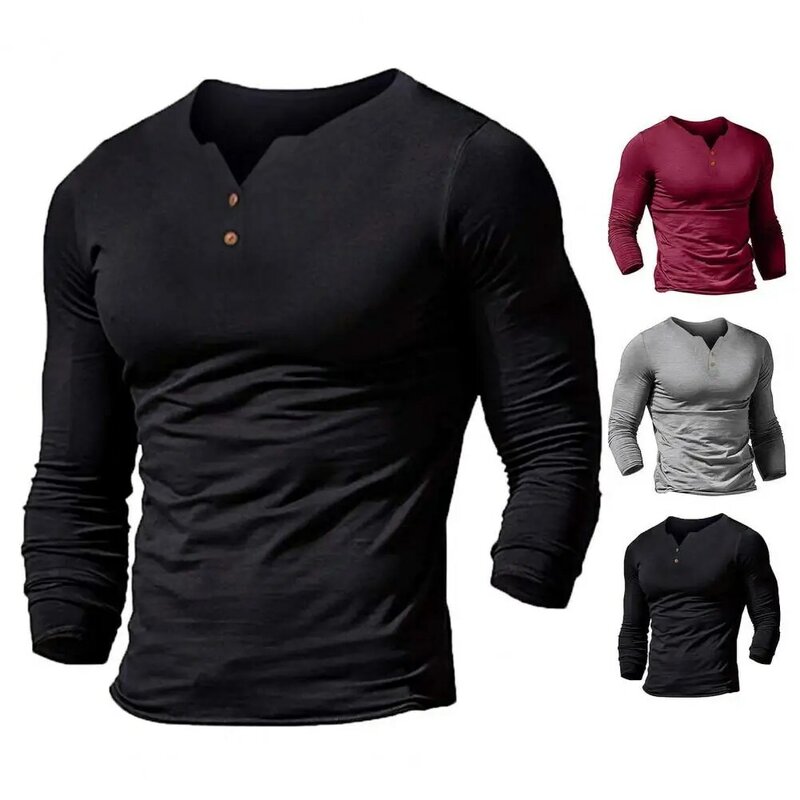 Buttons  Simple Solid Color Men Spring T-shirt Fit T-shirt Placket   for Work