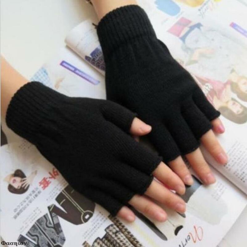 ファッションブラックショートハーフフィンガーフィンガーレスウールニットリストグローブ冬の暖かい手袋女性と男性のためのトレーニング