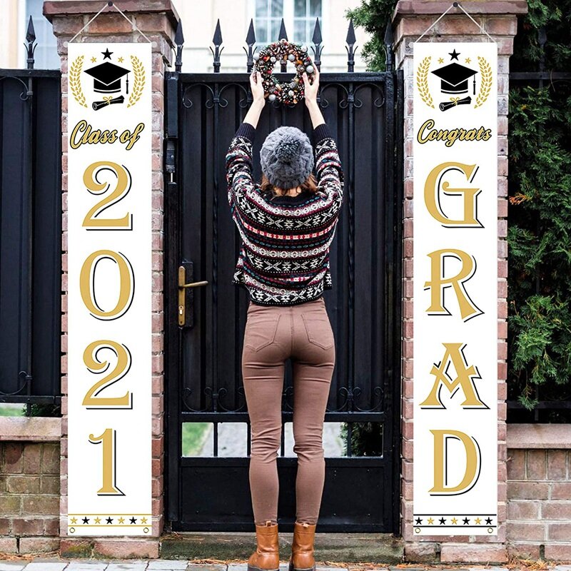 Graduation Porch Sign-2021 Graduation Banners-Class of 2021 Banner Hanging for Door Wall Graduation Party Decoration