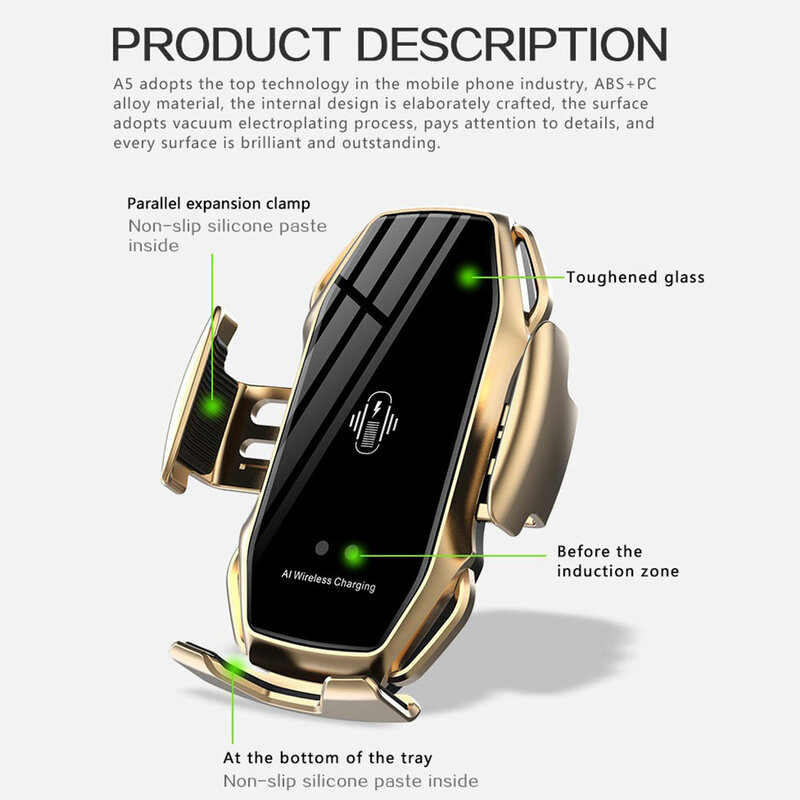 Carregador automotivo sem fio, com sensor infravermelho, para iphone 11 pro, xr, xs, huawei, samsung qi
