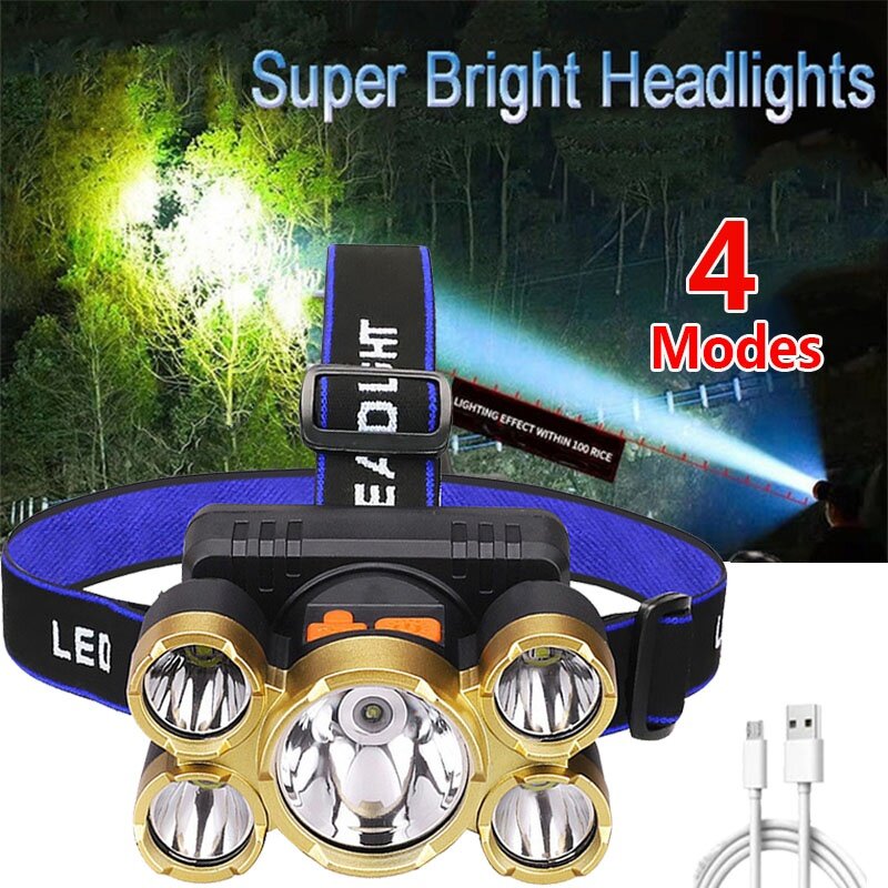 Lanterna de cabeça com 5 leds embutida 18650, bateria recarregável usb, com zoom super brilhante, à prova d' água, lanterna para acampamento