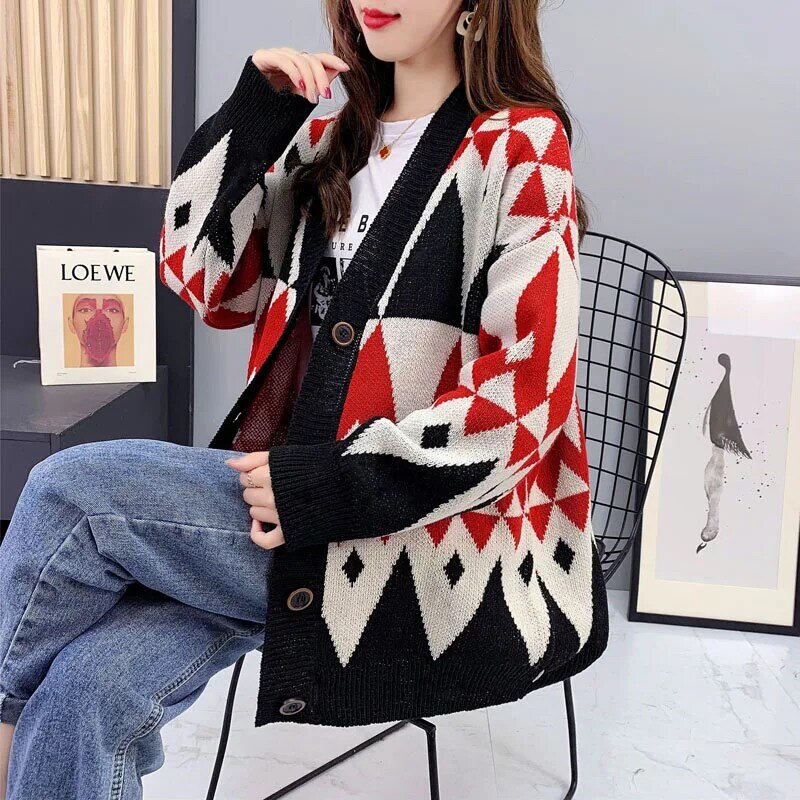 싱글 스웨터 자켓 여성 가을/겨울 2021 새로운 게으른 스타일 한국어 느슨한 니트 카디건 서양 두꺼운 겉옷 위로