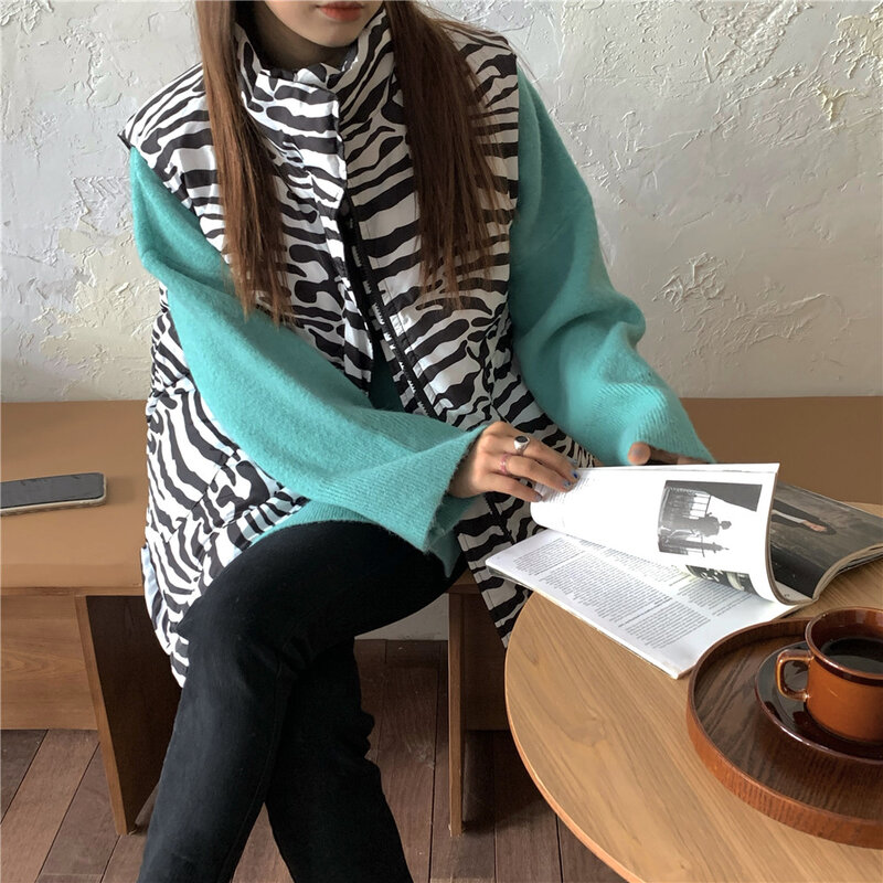 패션 새로운 한국어 느슨한 얼룩말 양면 코튼 조끼 + 니트 스웨터