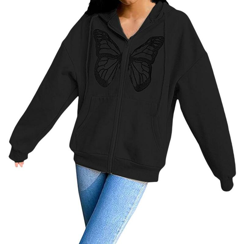 Y2K Fashion Oversized Butterfly Graphic Hot Diamond Zip Up Hoodies 90s Streetwear Diamond Grey Long Jacket Autumn