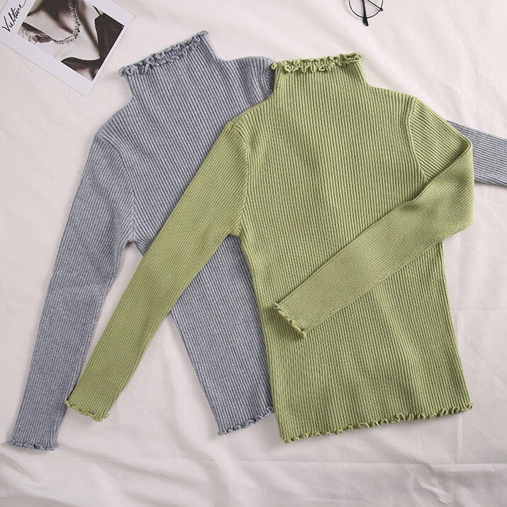 Sweter Rajut Dalam Tebal Slim-Fit Gaya Baru Musim Gugur/Musim Dingin 2020 Kaus Dalaman Wanita Sweater Wanita Pullover Bergaris Kerah Tinggi