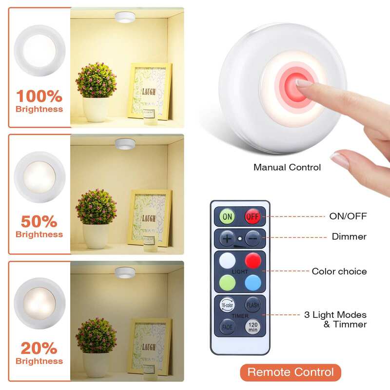 6/12pcs Led Cabinet Light RGB light Color Remote Control Wireless Dimmable LED Night Lamp Battery Light for Closet Kitchen Stair