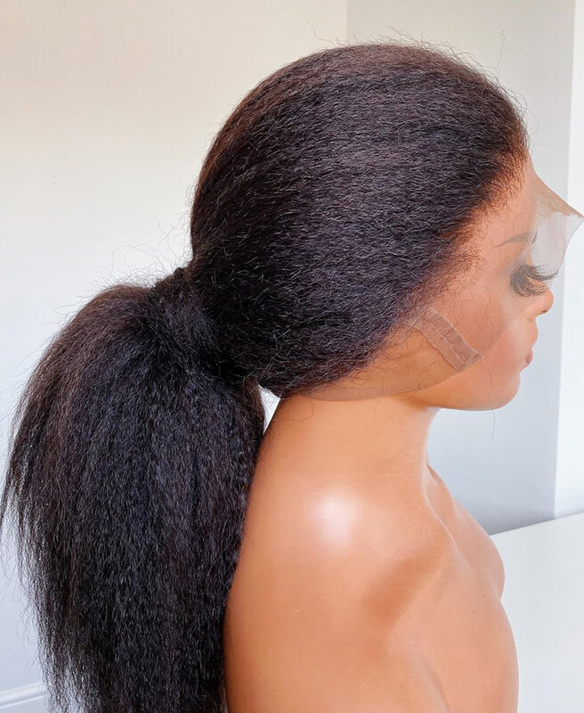 Perruque Lace Front Wig synthétique Yaki, 26 pouces, longue, crépue, lisse, pre-plucked, baby hair, sans colle, résistante à la chaleur, pour femmes noires