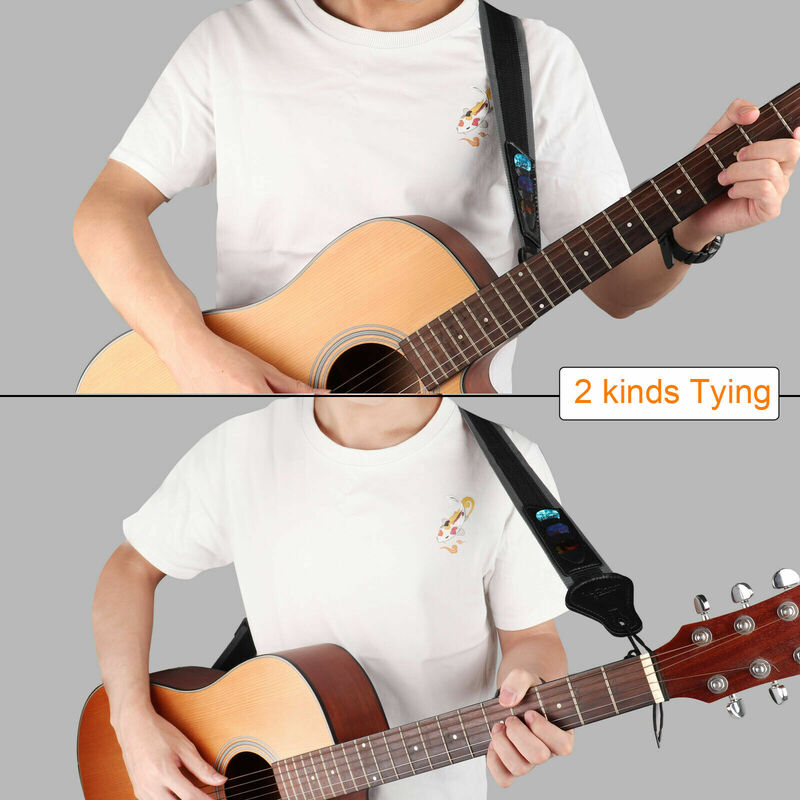 Tali Gitar Dapat Disesuaikan Ujung Kulit PU Tali Sabuk Presbyopic dengan 3 Penyangga Plecrums untuk Gitar Akustik Elektrik Bass