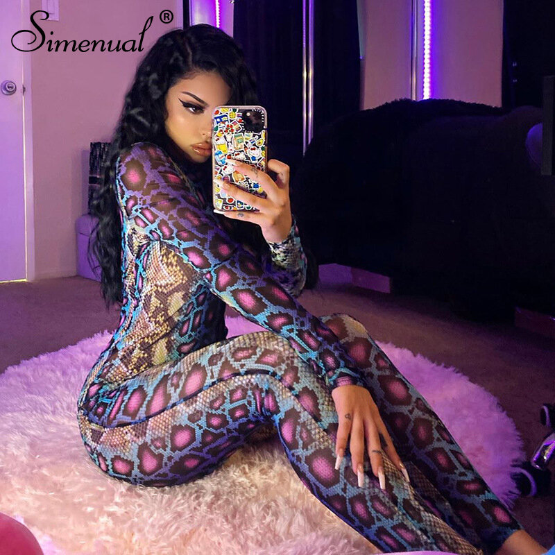 Simenual Snake Print Sexy Club Bodycon Overall Frauen Backelss Party Langarm Overalls Push-Up Fitness Lange Overalls