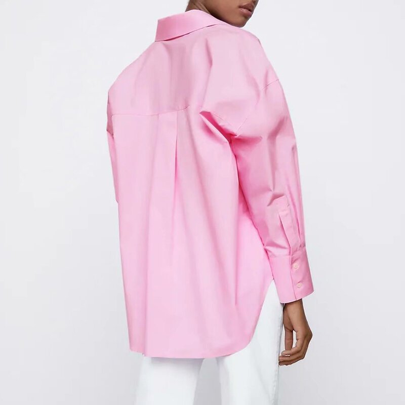 2021 여름 여성 핑크 블라우스 ZA 새로운 긴 소매 간단한 셔츠 Office 레이디 여성 톱 싱글 브레스트 턴 다운 칼라 블라우스