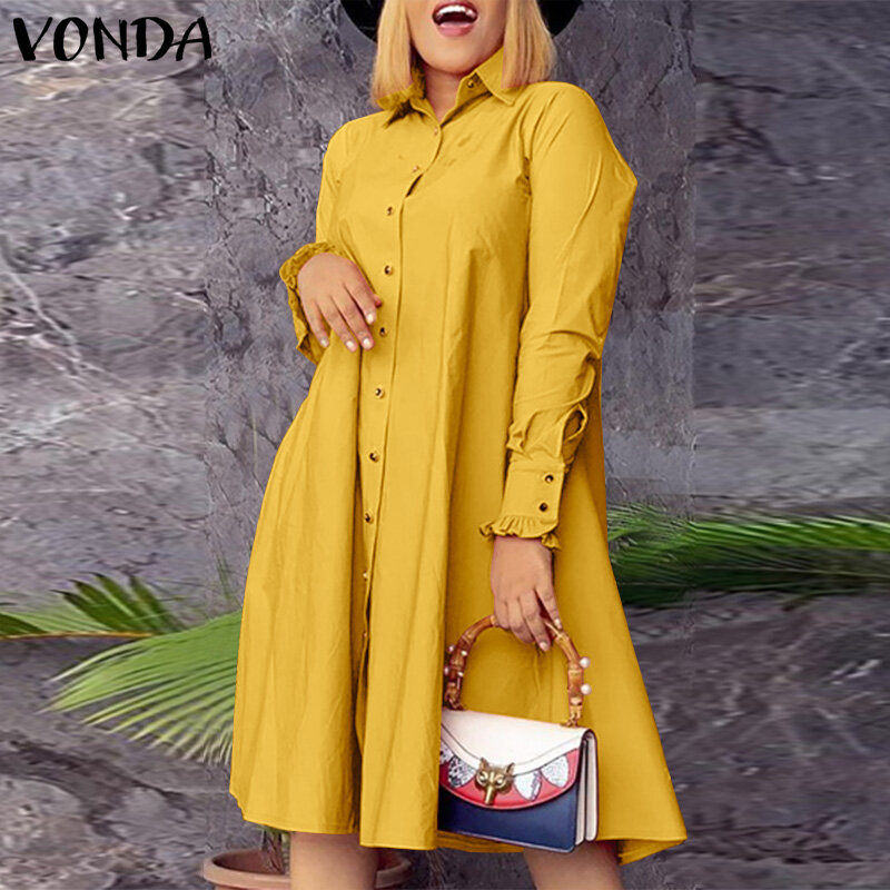 2022 VONDA Plus Size Women Dress Autumn Ladies Solid Turn Down Neck Button Up Shirt Dresses Casual Long Sleeve Party Robe
