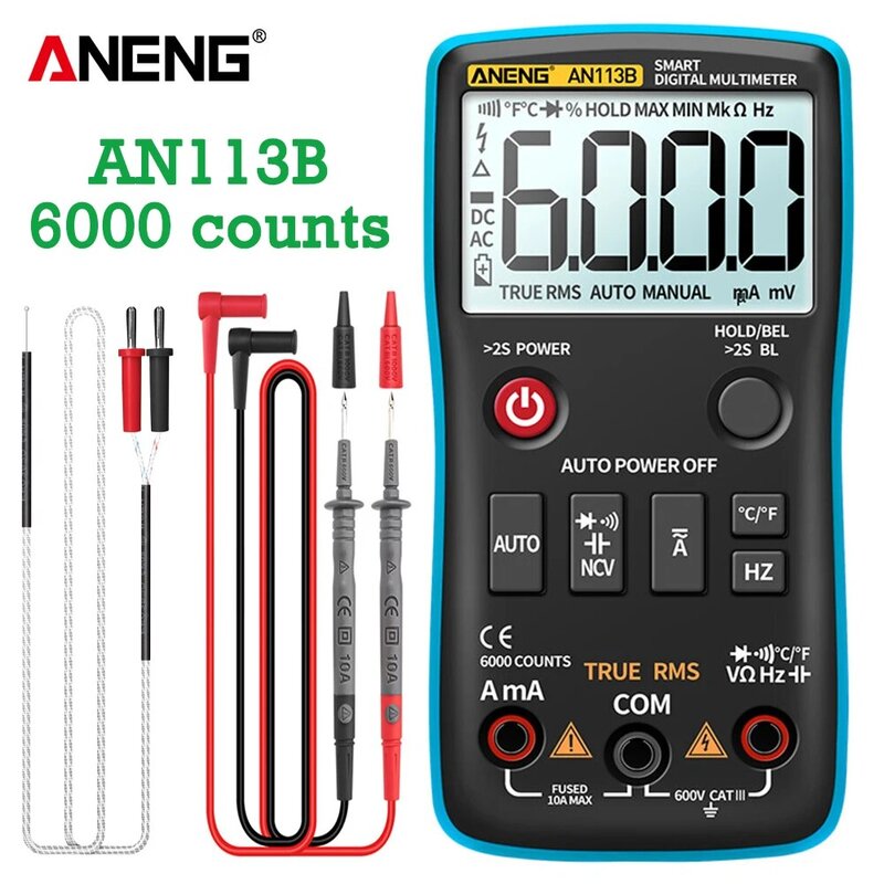 ANENG – multimètre numérique AN113B, True RMS, avec testeur de température, 6000 points, mesure automatique des transistors AC/DC