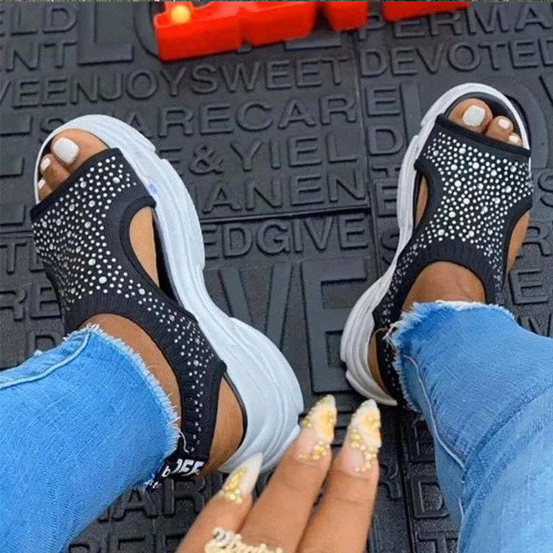 2020 buty damskie sandały na platformie europejskie i amerykańskie odkryte palce i pięta rozciągliwa tkanina wygodne letnie klapki obuwie