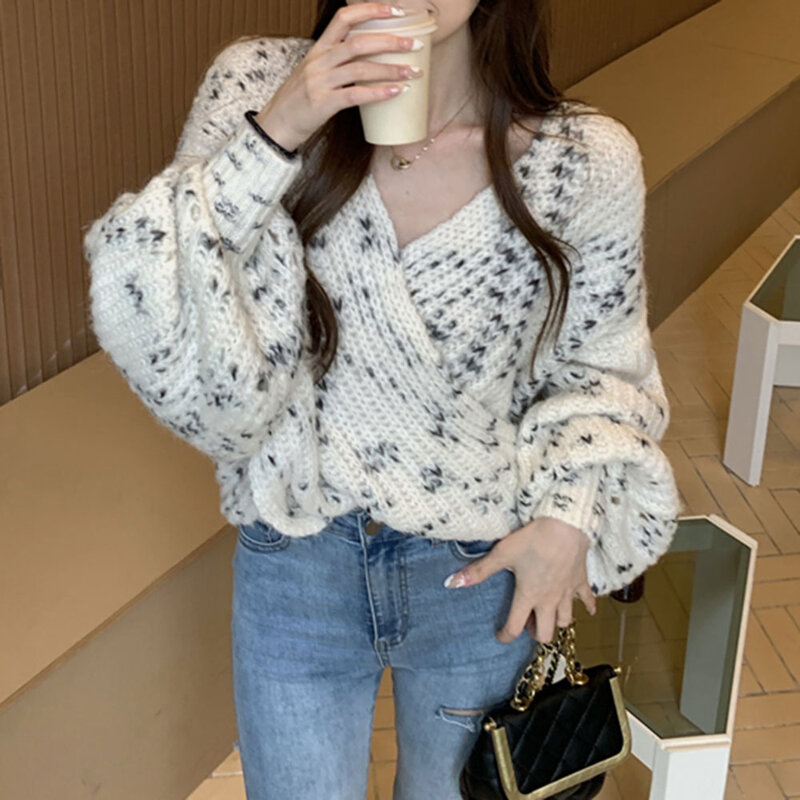Cashmere Sweater Women Korean Fashion Stitching Color Deep V-neck Loose Lazy Style Long Sleeve Pullovers Knitted Top Fashionable