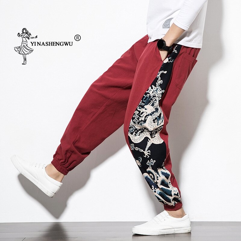 แฟชั่นญี่ปุ่น Kimono พิมพ์กางเกงเอเชียชายชุดลำลองกางเกงยาว Kimono Yukata Harajuku Harem กางเกงด้านข้างพิมพ์กางเ...