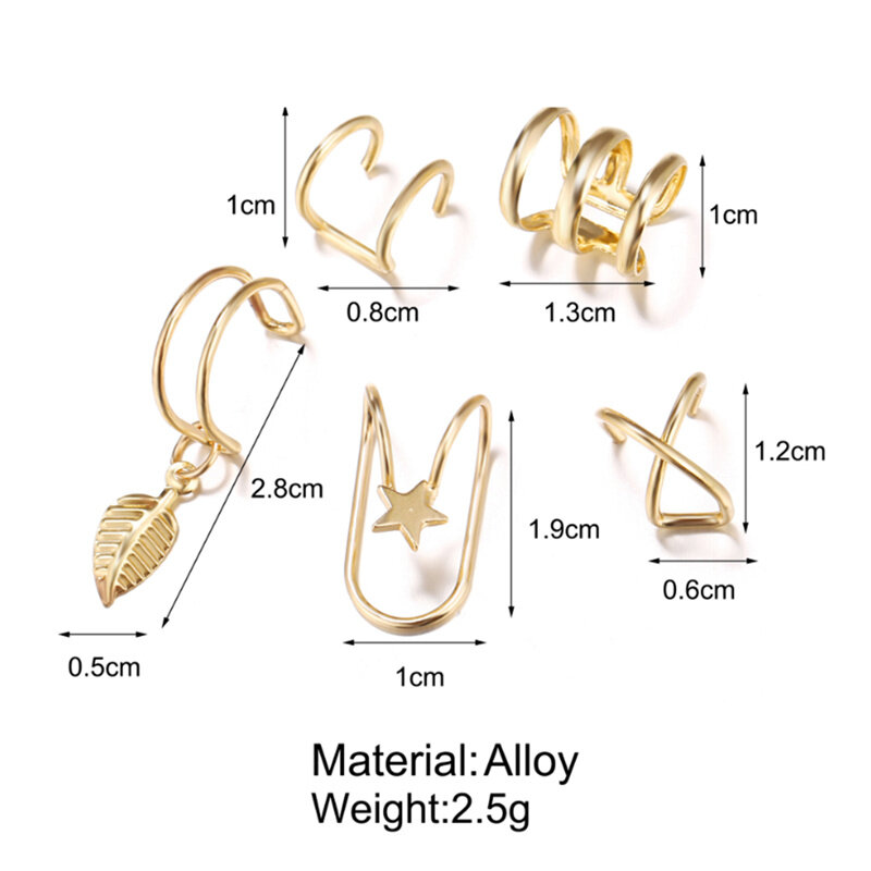 5 Buah/Set Manset Telinga Daun Emas Tanpa Tindik Telinga Klip Palsu Tulang Rawan Anting-Anting Perhiasan untuk Wanita Pria Grosir Hadiah
