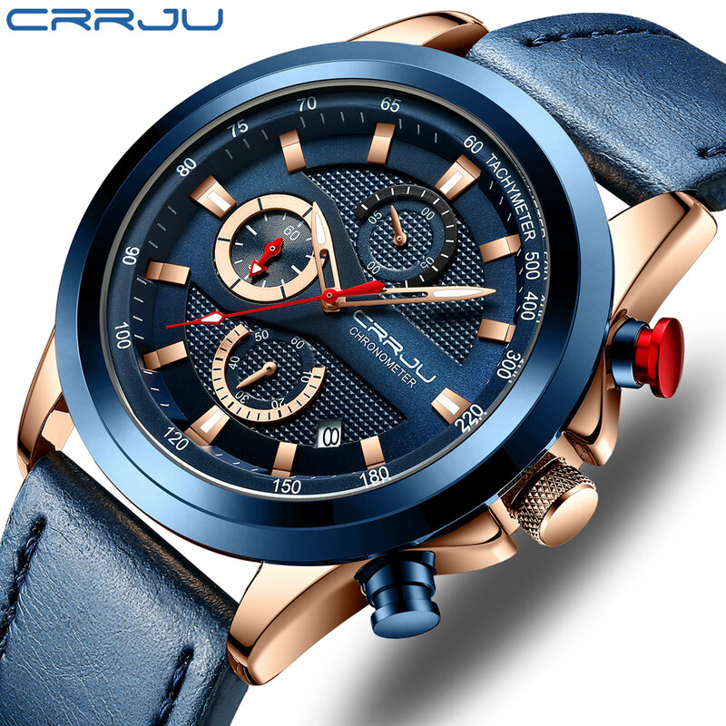 CRRJU-ساعة فاخرة للرجال ، ساعة يد فاخرة ، 3 بار ، مقاومة للماء ، كوارتز ، كرونوغراف ، جلد