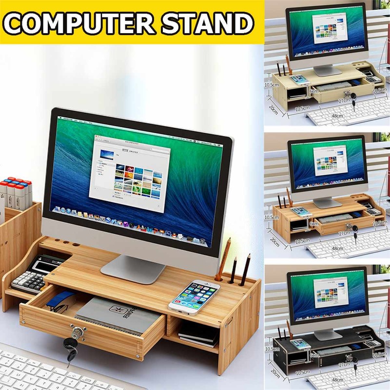 Support de bureau en bois pour moniteur d'ordinateur, support de bureau multifonctionnel pour ordinateur portable avec armoire