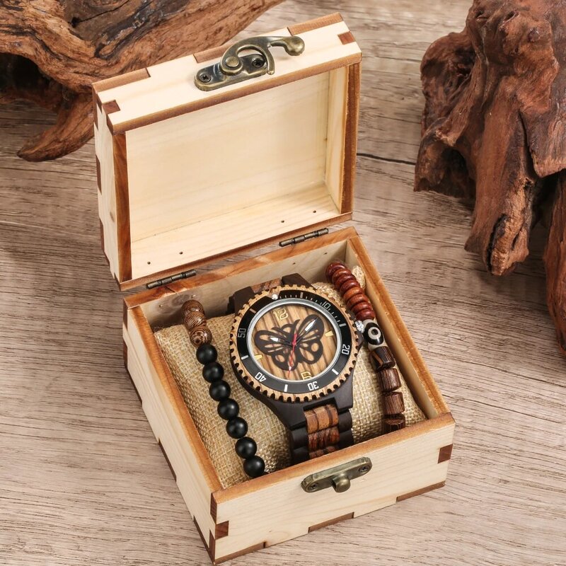 Relojes de cuarzo Retro nostálgicos para hombre, conjunto de pulsera de budismo con caja, correa de madera completa, esfera de mariposa