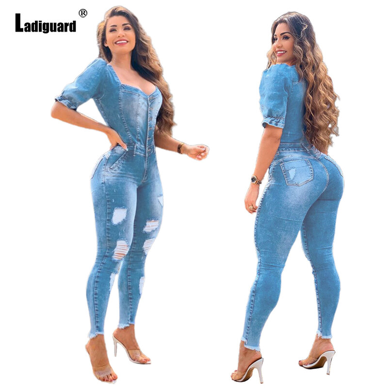 Ladiguard Jeans Fashion Wanita Lengan Raglan Jumpsuit Demin Setelan Bodi Denim Ramping Kerah Persegi 2021 Overall Robek Lubang Robek