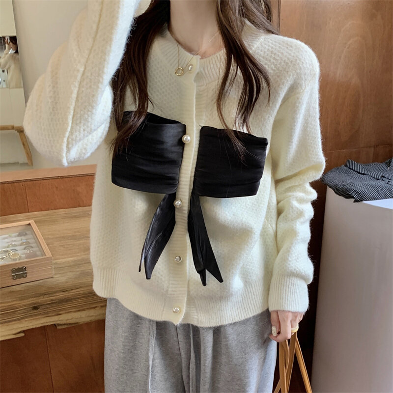 Yitimoky Bow Cardigans Women Sweaters O-Neck Knitted Casual Beige Black Korean Long Sleeve Clothing New Autumn Winter Sweet Girl