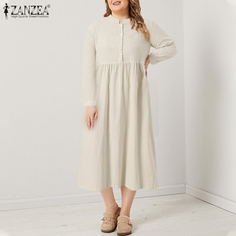 Mais tamanho zanzea feminino vintage floral bordado vestido de verão outono manga comprida algodão vestido casual botões festa midi vestido robe